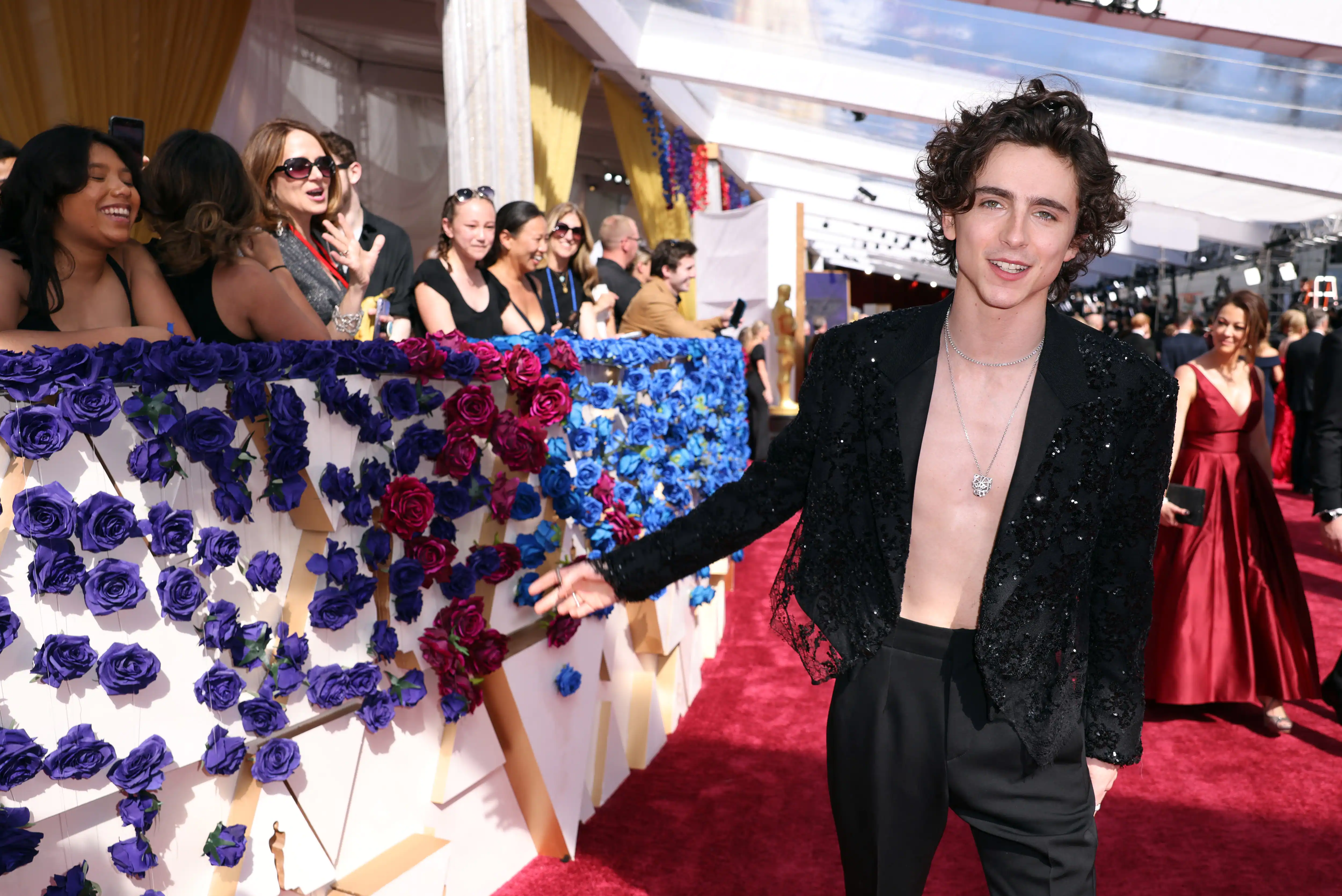 Timothee Chalamet poses on the red carpet during the Oscars 