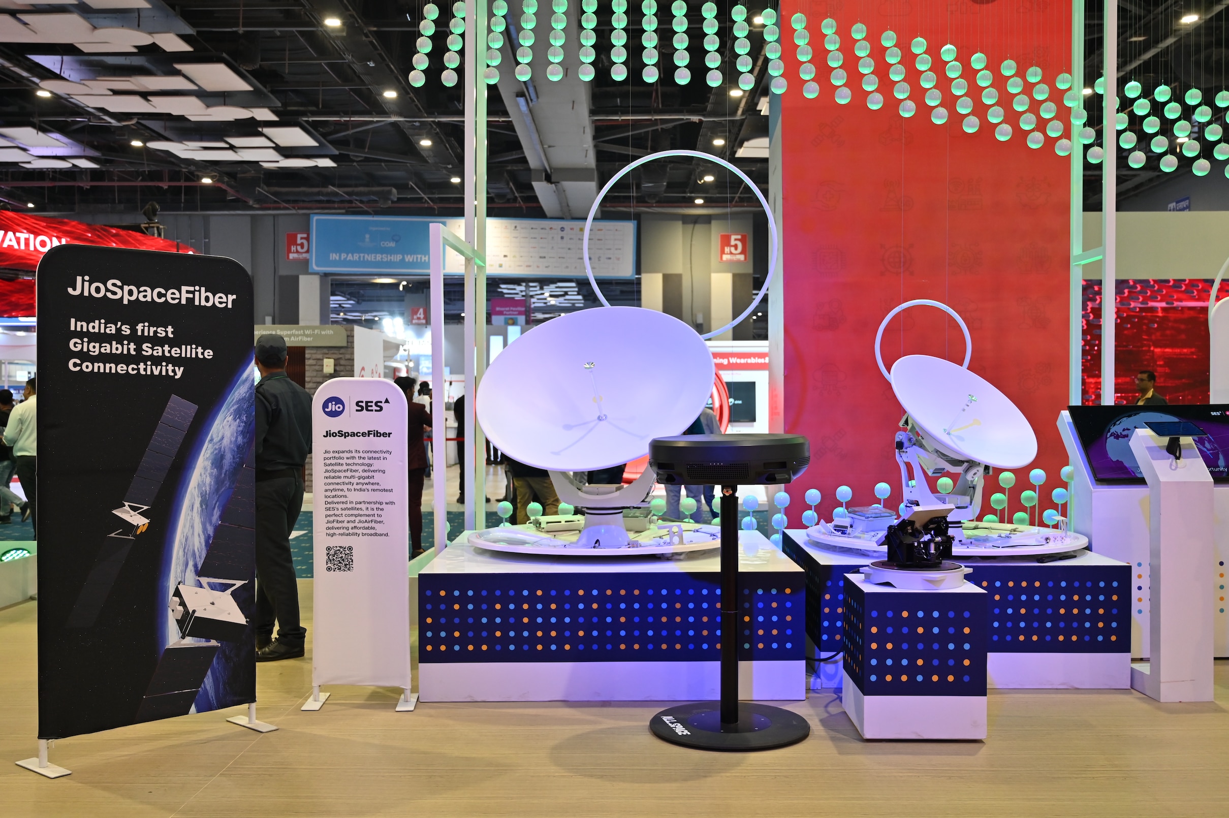 File photo of satellite services equipment showcased by Jio Satellite at the India Mobile Congress 2023. 